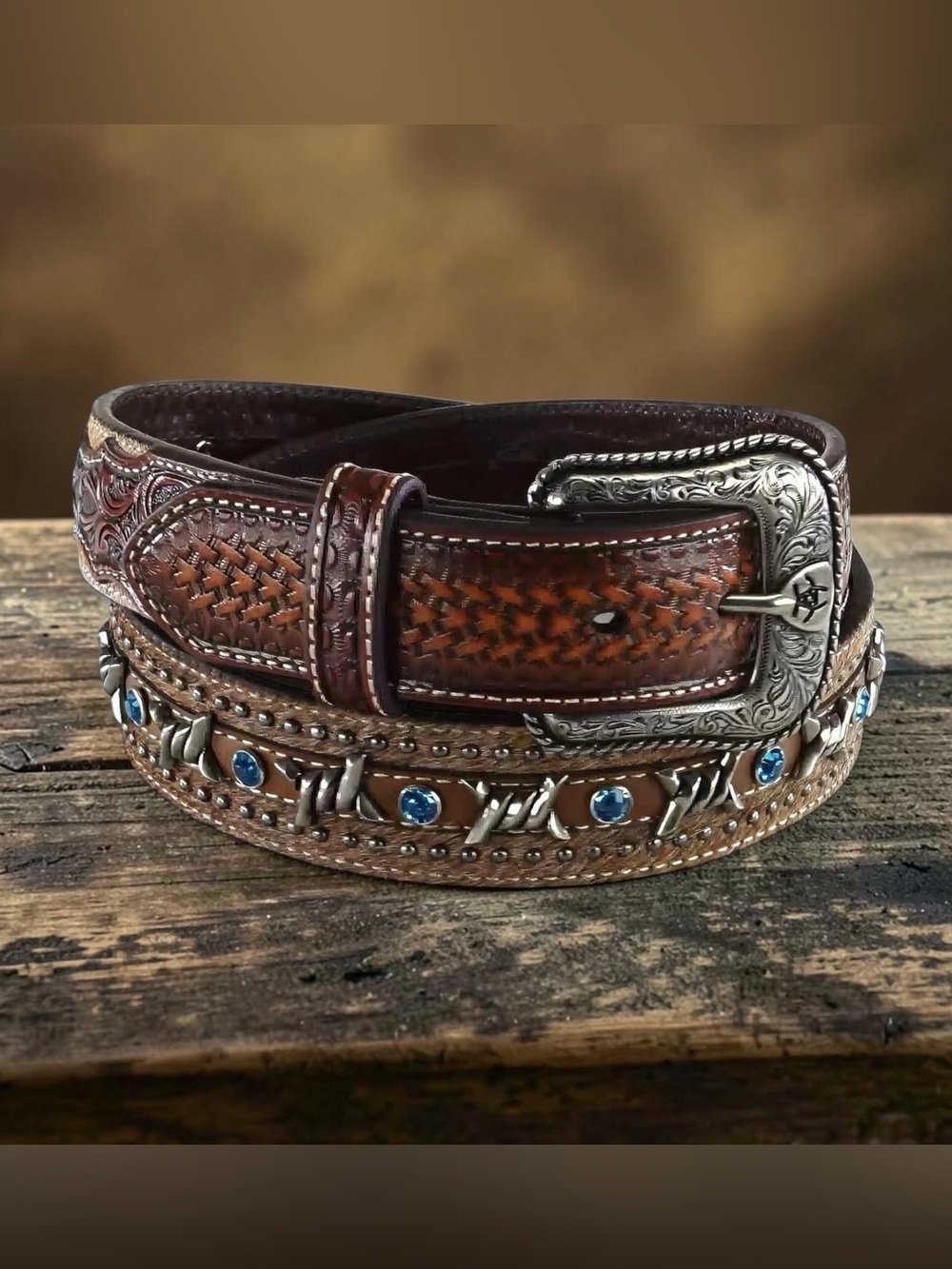 Ariat Tooled Leather Belt Blue Crystal Studded Western Size 38 NWT